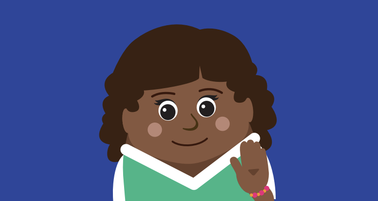 Une personnage de Bonjour Sam salue de la main